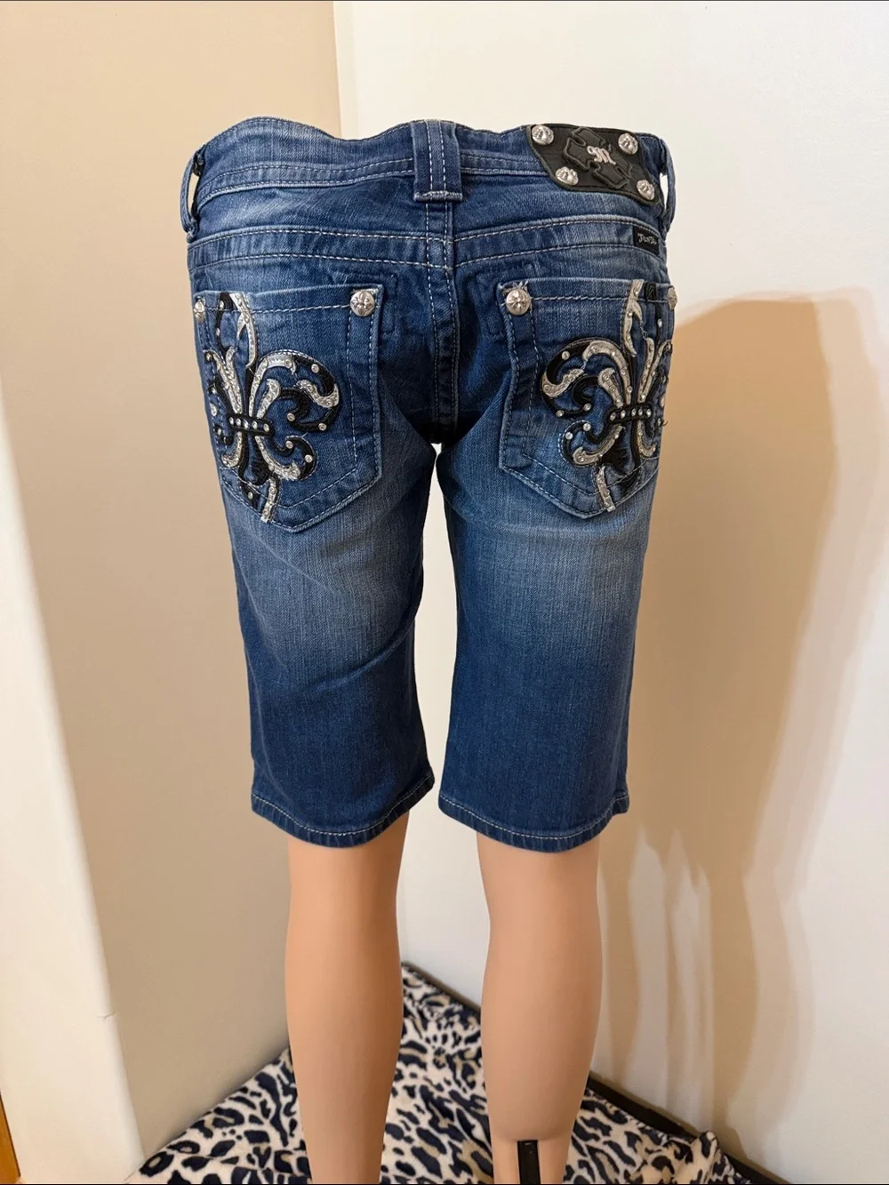 Miss Me Medium Long Denim Shorts with Canvas and Rhinestones Size 27 NWOT